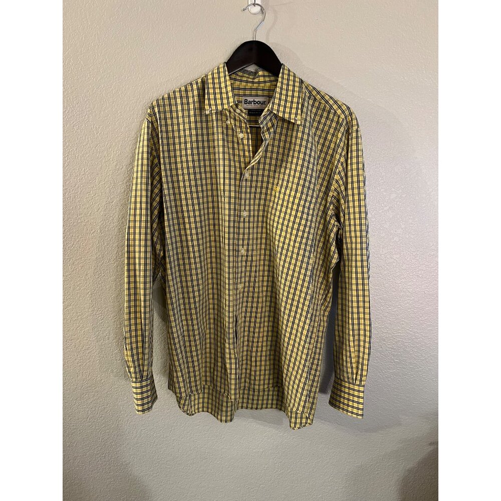 Barbour Mens Yellow Navy Tattersall Check Long Sleeve Button Down Shirt Large